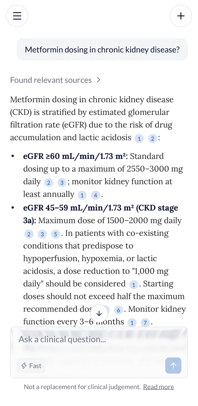 The Standard Medicine app showing a cited answer to a clinical question